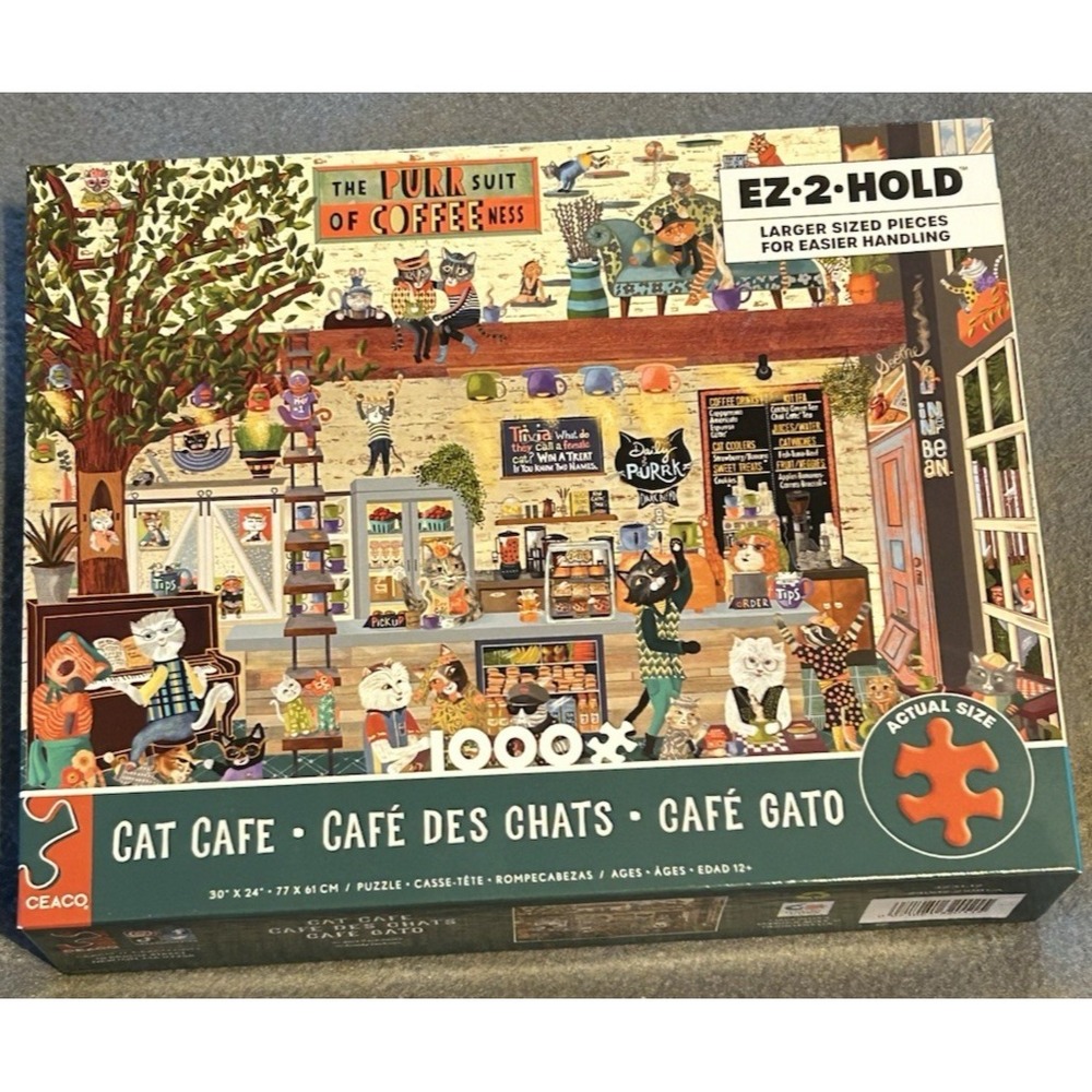 Ceaco Puzzle 1000 Piece EZ-2-Hold CAT CAFE Cindy Jackson Larger Size Pieces